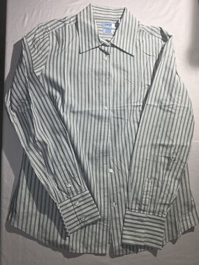Izod Women’s Striped Button-Down Dress Shirt in Gray and White